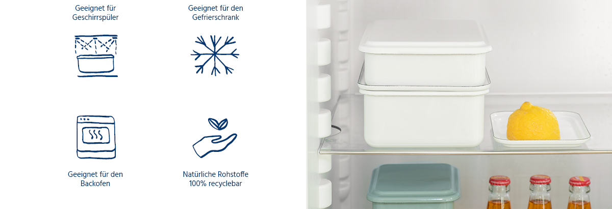 Unsere Vorratsdosen sind geeignet für den Geschirrspüler, für den Gefrierschrank, für den Backofen und sind 100% recyclebar.